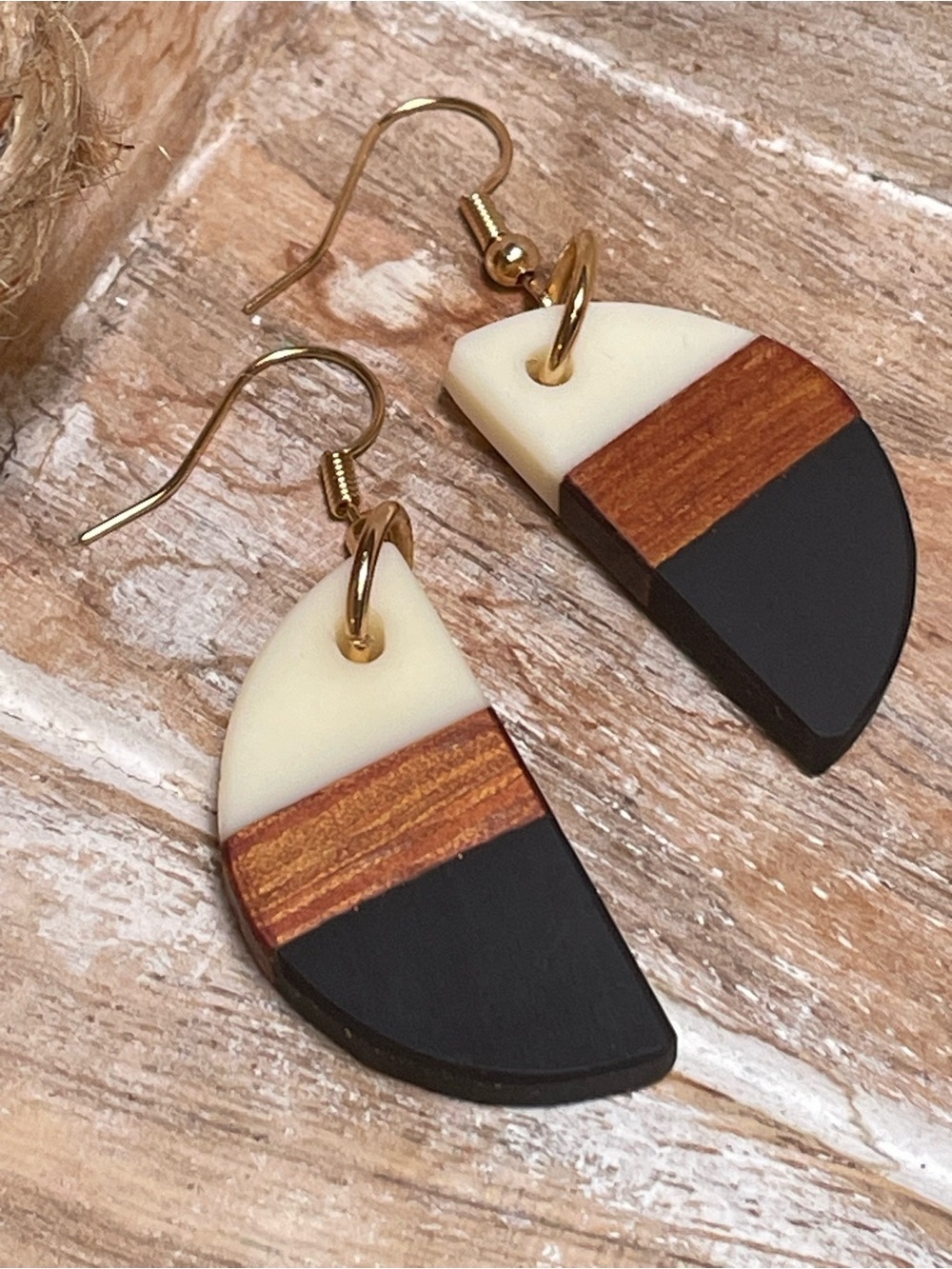 Handmade Half-Moon Tri-Tone Drop Earrings in Black, Cream & Wood - Women Jewelry